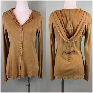 Y2K Marabou long sleeve hooded snap button Tunic blouse, embroidered back Medium